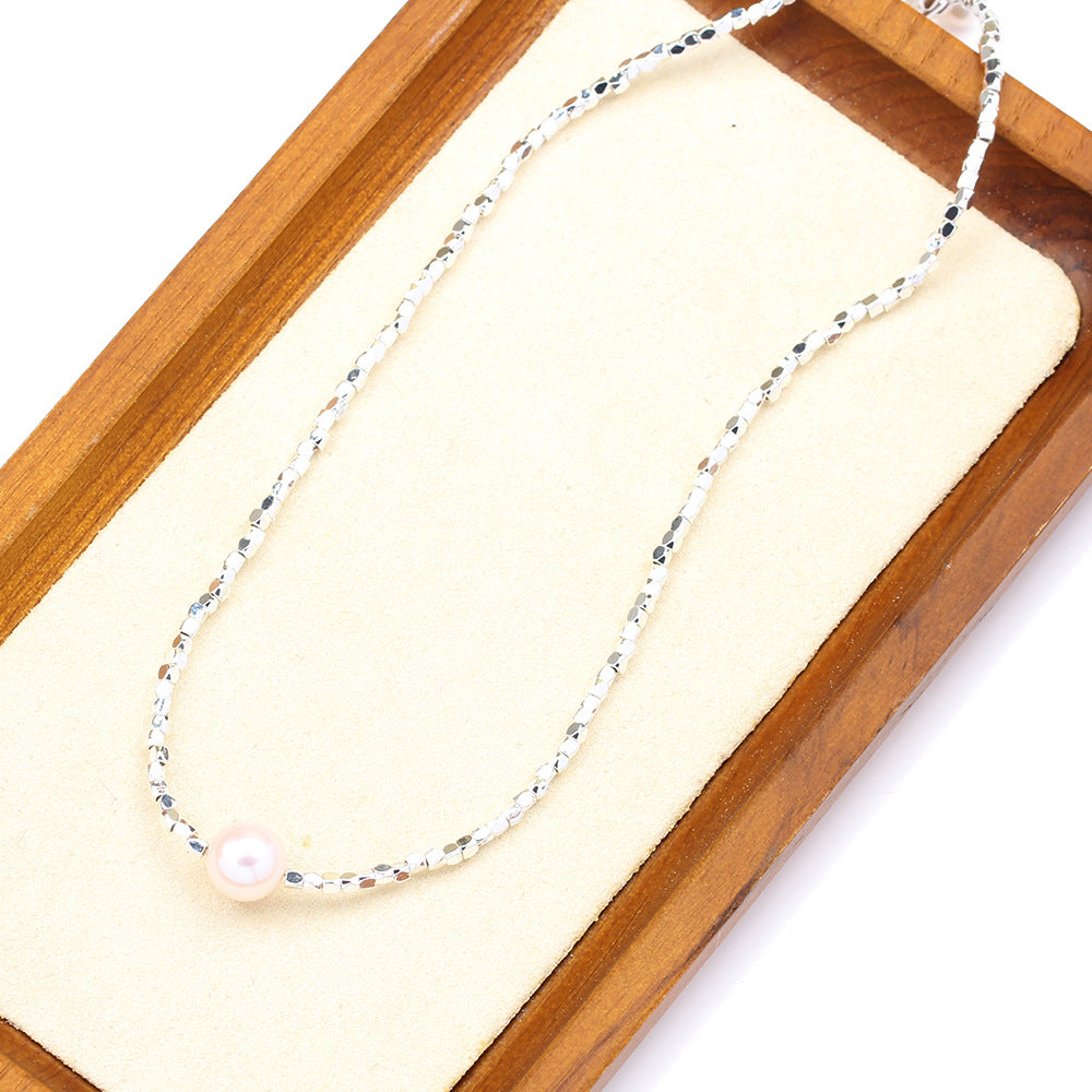 New Cute Simple Broken Silver Necklace Natural Pearl Pendant Colourful