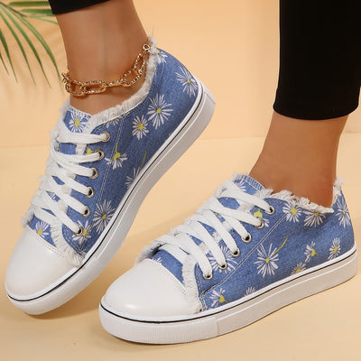 Casual Flat Canvas Shoes Flowers Lace-up Flowers Print Loafers Women Walking Shoes