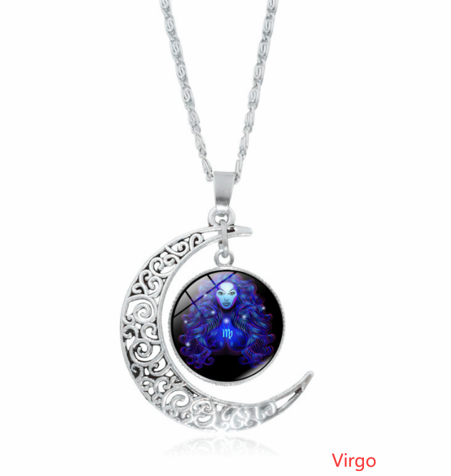 12 constellation time gemstone half moon pendant necklace twelve zodiac European and American jewelry