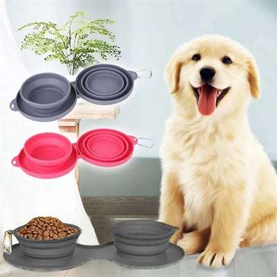 Rubber Foldable Double Bowl Pet Feeding Bowl Pets Supplies