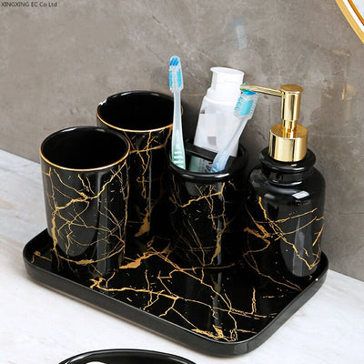 Black Marble Bathroom Decoration Accessories Toothpaste Dispenser, Mouthwash Cup, Toothbrush Holder, Lotion Bottle, Ceramic Tray