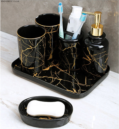 Black Marble Bathroom Decoration Accessories Toothpaste Dispenser, Mouthwash Cup, Toothbrush Holder, Lotion Bottle, Ceramic Tray