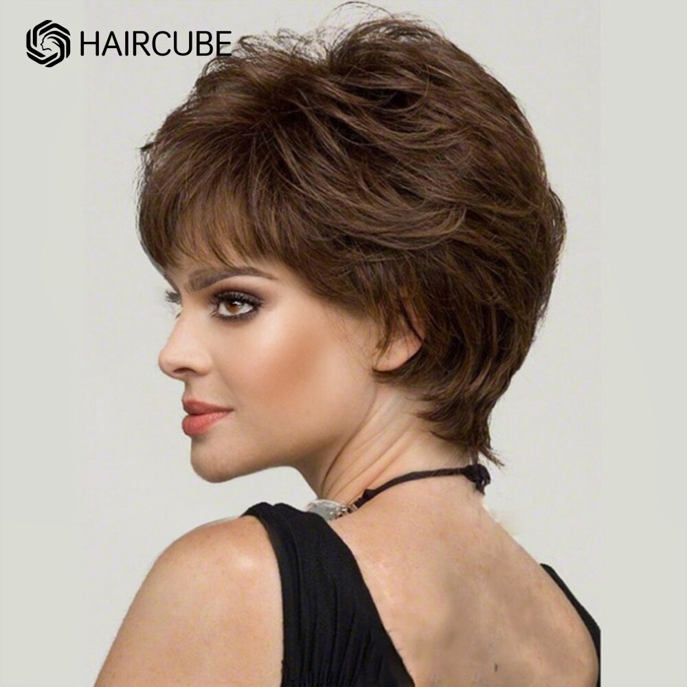 HAIRCUBE Short Pixie Cut Wig Straight Human Hair Wigs for Women Dark Brown Wigs with Fluffy Bangs Heat Resistant Pure Remy Hair