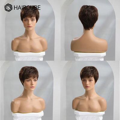 HAIRCUBE Short Pixie Cut Wig Straight Human Hair Wigs for Women Dark Brown Wigs with Fluffy Bangs Heat Resistant Pure Remy Hair