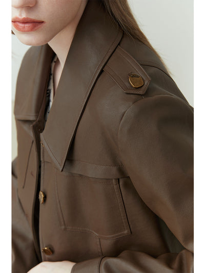 Women's Short Lapel Pu Leather Coat