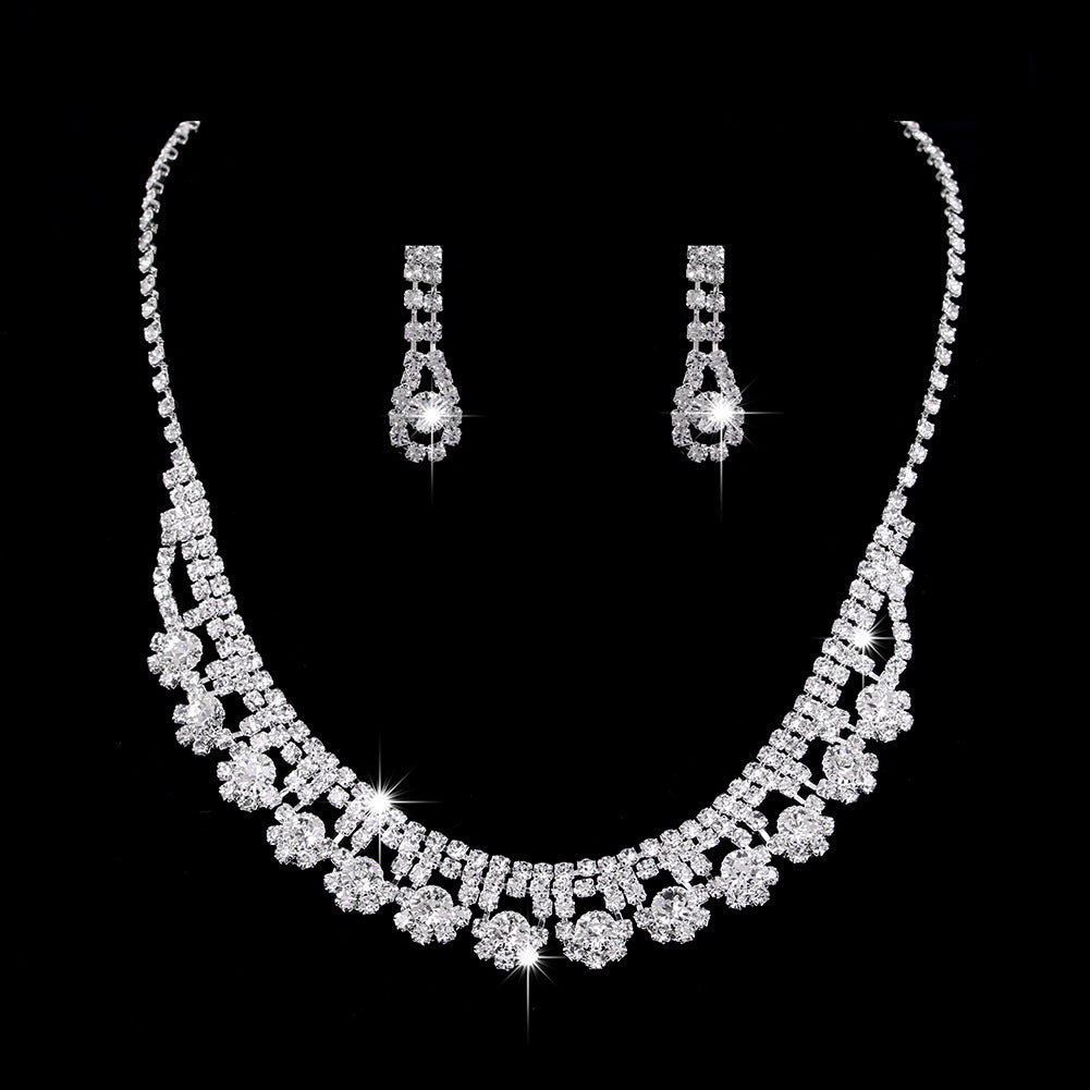 Full Rhinestone Zircon Water Drop Necklace Earrings Jewelry Set