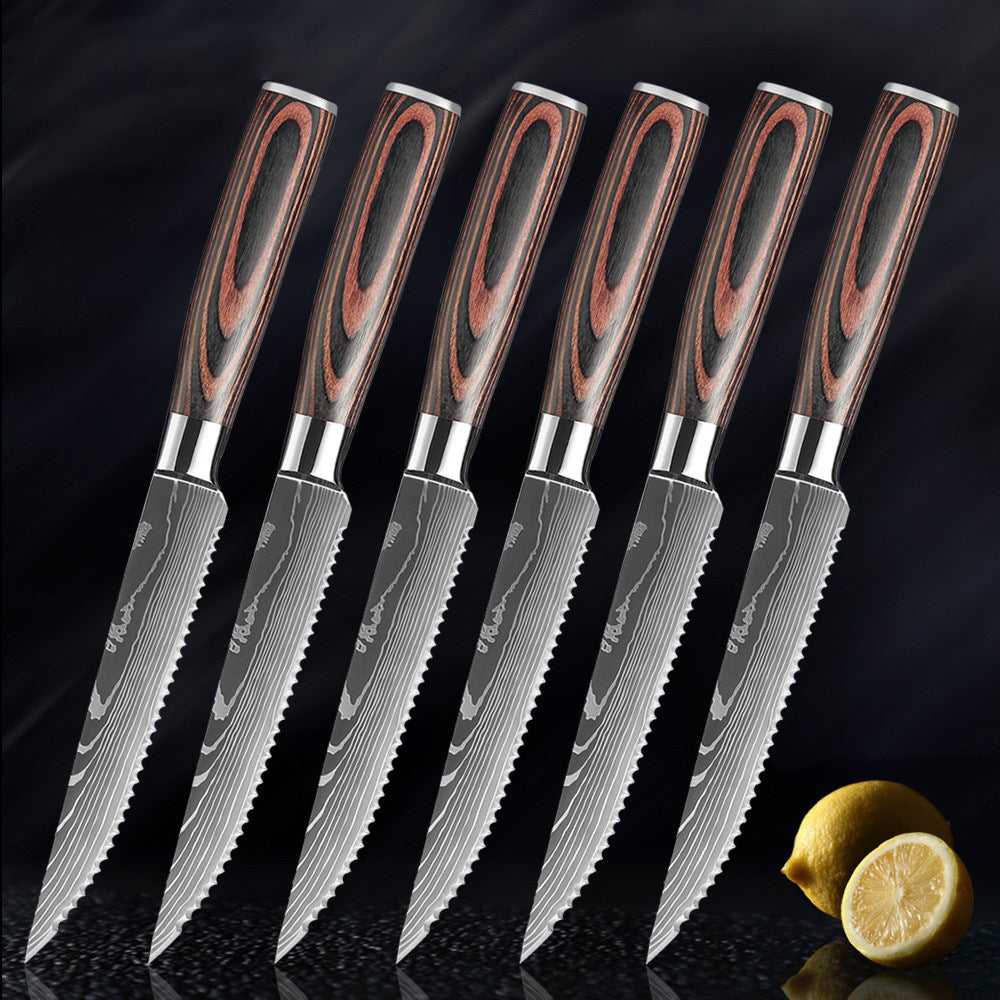 Western Steak Knife Damascus Pattern Stainless Steel Serrated Knife - Statnmore-7861