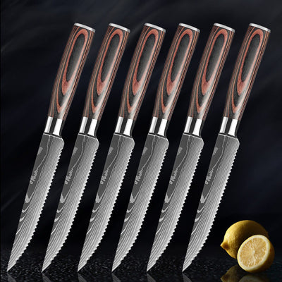Western Steak Knife Damascus Pattern Stainless Steel Serrated Knife - Statnmore-7861