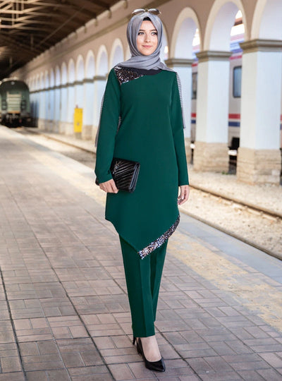 Muslim 2 Piece Sets Women Abaya Dubai Lace-up Tops and Wide Leg Pants Kaftan Eid Pakistan Turkey African Prayer Islamic Clothing - Statnmore-7861