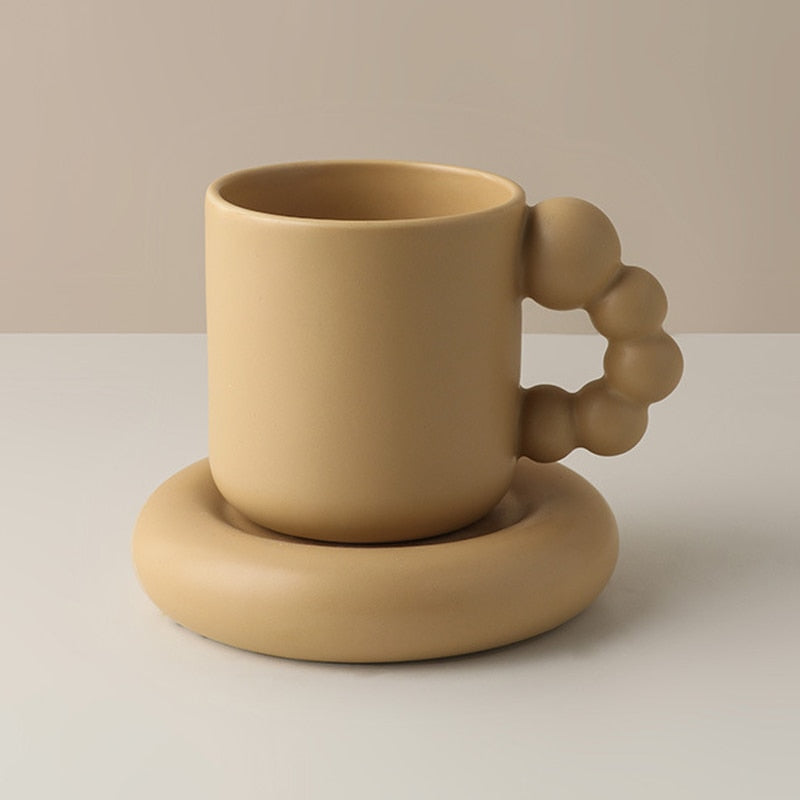 Creative Handmade Fat Handle Mug and Oval Plate  Ceramic Cup Saucer For Coffee Tea Milk Cake Nordic Home Decor Handmade Creative Decorative Items - Statnmore-7861