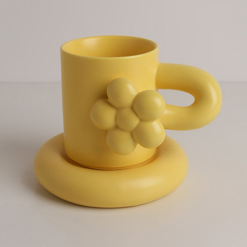 Creative Handmade Fat Handle Mug and Oval Plate  Ceramic Cup Saucer For Coffee Tea Milk Cake Nordic Home Decor Handmade Creative Decorative Items - Statnmore-7861