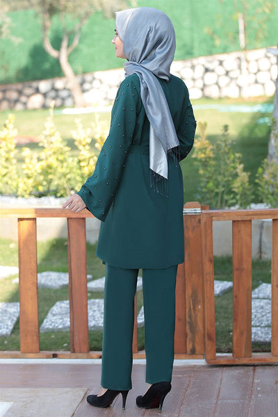 Muslim 2 Piece Sets Women Abaya Dubai Lace-up Tops and Wide Leg Pants Kaftan Eid Pakistan Turkey African Prayer Islamic Clothing - Statnmore-7861