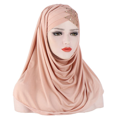 2021 New Product Sequin Splicing Women Hijab Scarf Muslim Lady Hijab Caps Islam Clothing Malaysia Solid Shawl Headscarves - Statnmore-7861
