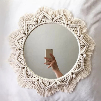 Boho Macrame Round Mirror Decorative Mirrors Aesthetic Room Decor Hanging Wall Mirror for Bedroom Living Room House Decoration Handmade Wall Decoration - Statnmore-7861