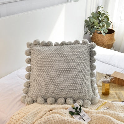 Hand Knitted 45*45cm Soft Cushion Cover With Balls
