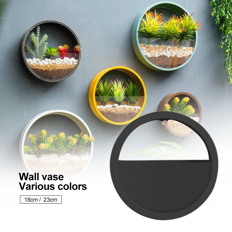 Wall Vase Art Solid Color Bonsai Round Vase Artificial Flower Basket Wall Planter Pot Colored Stone Hanging Vases for Home Decor Wall Decor - Statnmore-7861