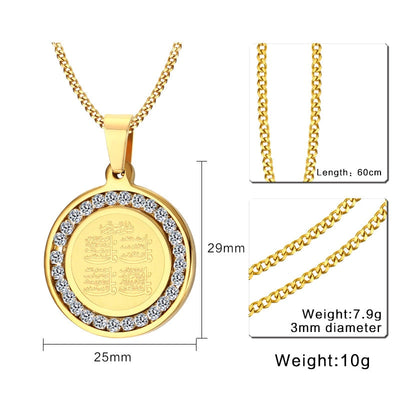 Mens Necklace 4 Qul Muslim Islamic Hajj Umrah Pendant Stainless Steel Gold Color CZ Stone Men Fashion Necklace - Statnmore-7861