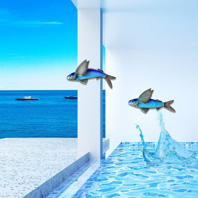 2pcs Metal Flying Fish Wall Decor Sculpture Coastal Art Hanging Glass for Indoor Bathroom Outdoor Beach Garden Living Room - Statnmore-7861