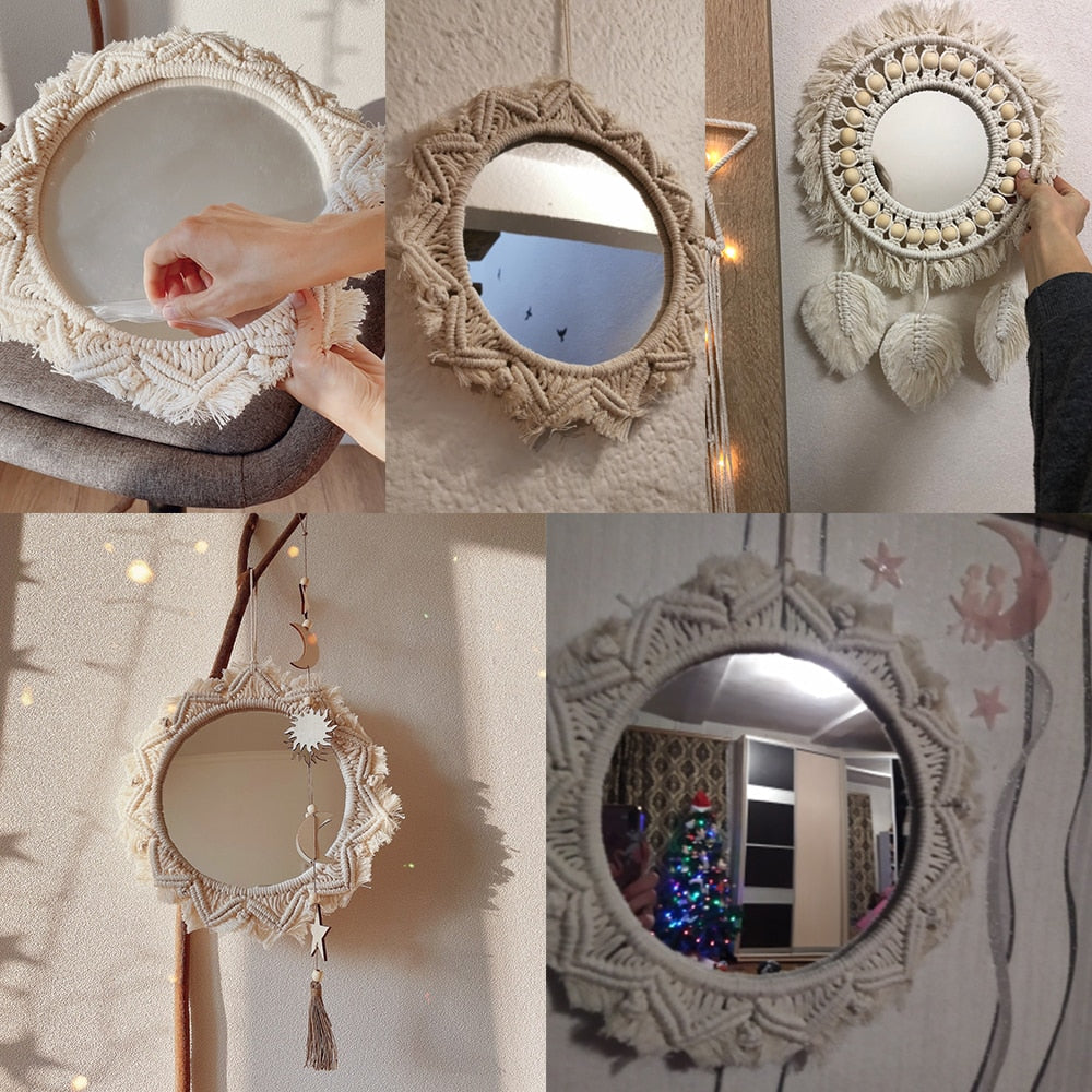 Boho Macrame Round Mirror Decorative Mirrors Aesthetic Room Decor Hanging Wall Mirror for Bedroom Living Room House Decoration Handmade Wall Decoration - Statnmore-7861